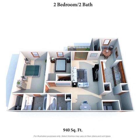 Floor plan for 2 beds, 2 baths, 901 sqft